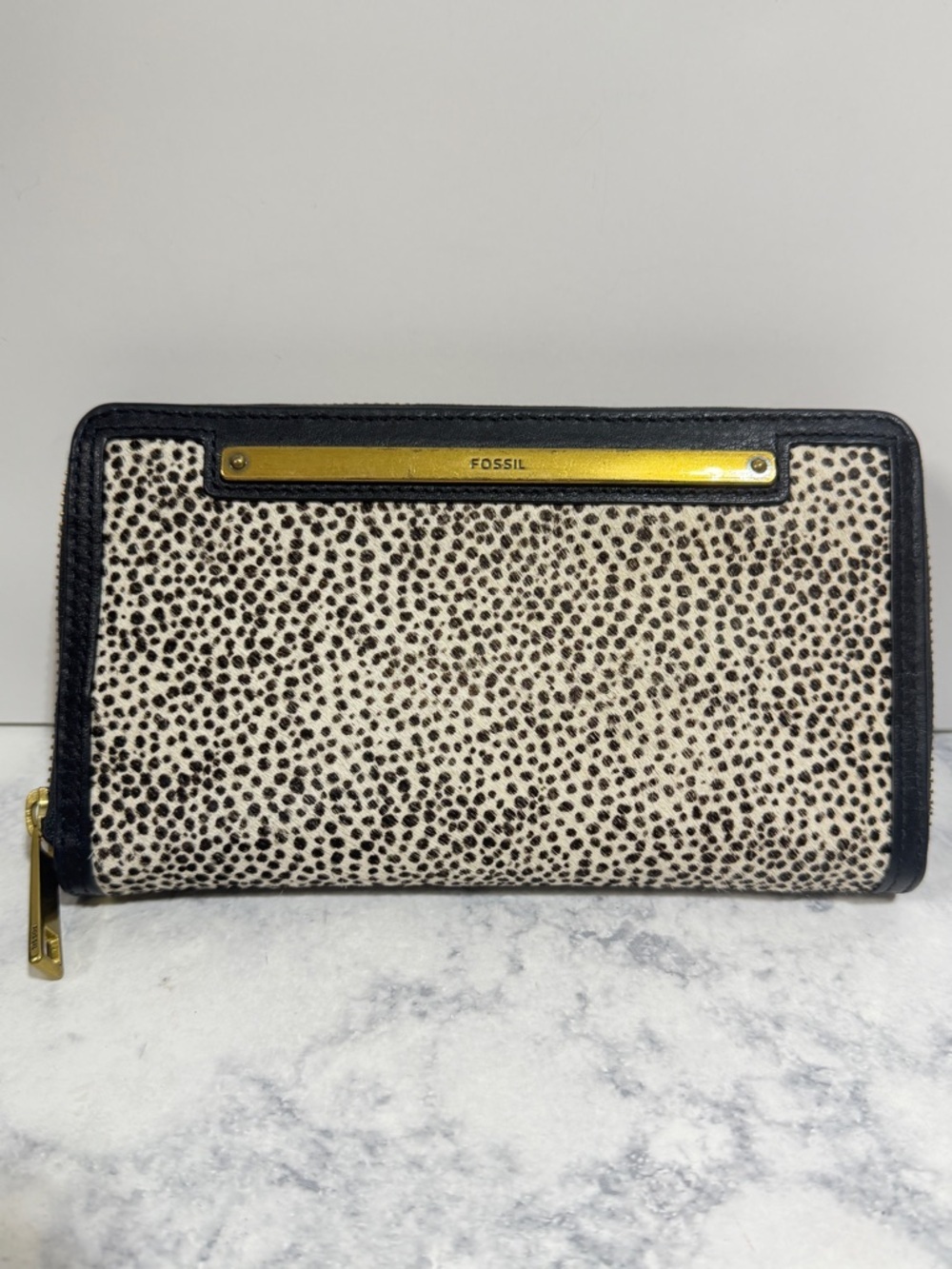 Fossil Liza black white cheetah polkadot fur leather wallet clutch